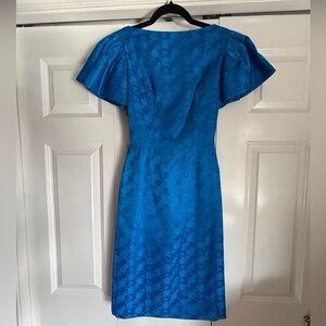 Vintage 80s Elegant Turquoise Blue Rose Patterned Dress